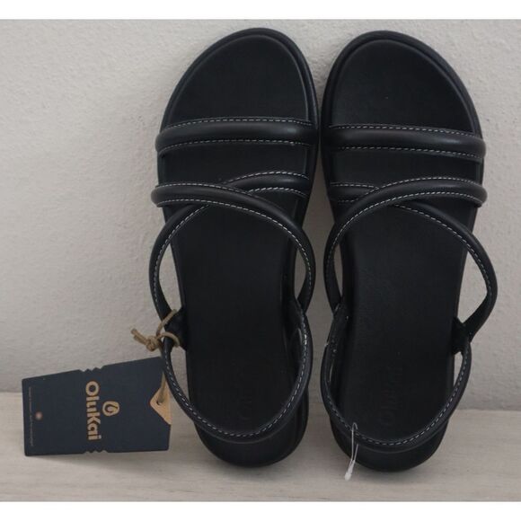 OluKai 20515-4040 Women's Sz 8W Black Leather Tiare Strappy Slip-On Sandals - Picture 2 of 16